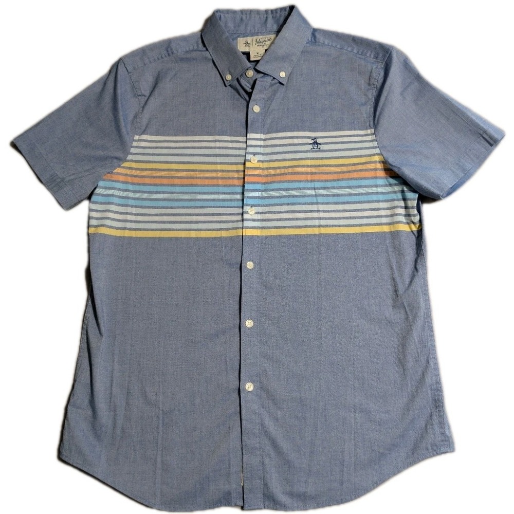 Original Penguin Button Front Shirt Men's M Blue Striped Short Sleeve Stretch